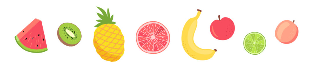 Fruit border flat design. Fresh raw fruits in a line. Frame design element. Watermelon slice, kiwi, pineapple, grapefruit, banana, apple, lime, peach. Cute summer repeat design. Healthy food theme.
