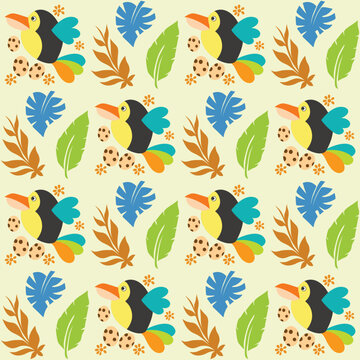 A fresh and vibrant seamless vector pattern featuring colorful birds and tropical leaves, perfect for capturing the spirit of summer. The hand-drawn design includes exotic birds, palm fronds, and jung