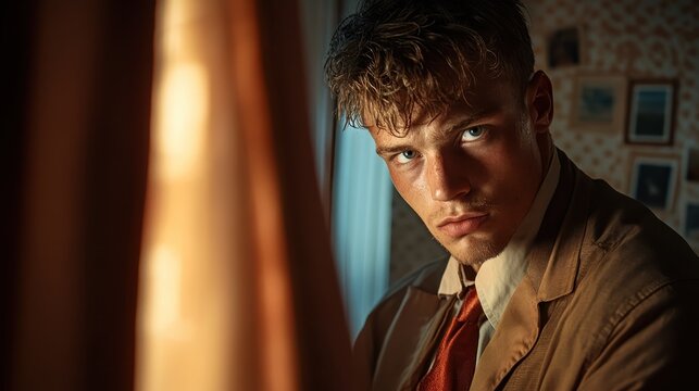 A young man with a serious expression gazes intensely from behind a curtain, capturing a moment of contemplation and the complexity of human emotions.
