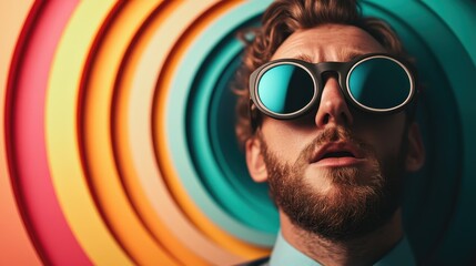 A man with stylized sunglasses gazes thoughtfully against a vibrant spiral backdrop, illustrating a blend of artistic creativity and modern fashion in everyday life.
