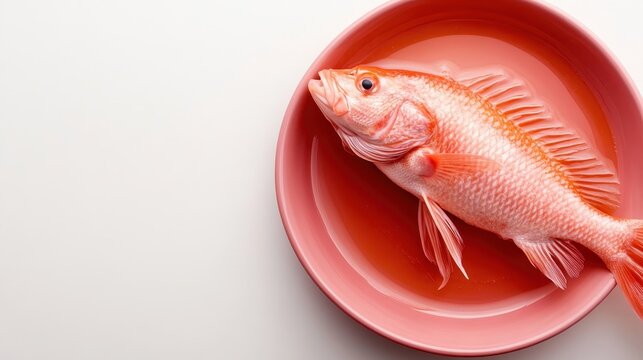 A vibrant red snapper fish beautifully arranged on a plate filled with water, evoking freshness and the culinary art of seafood preparation for a gourmet meal.