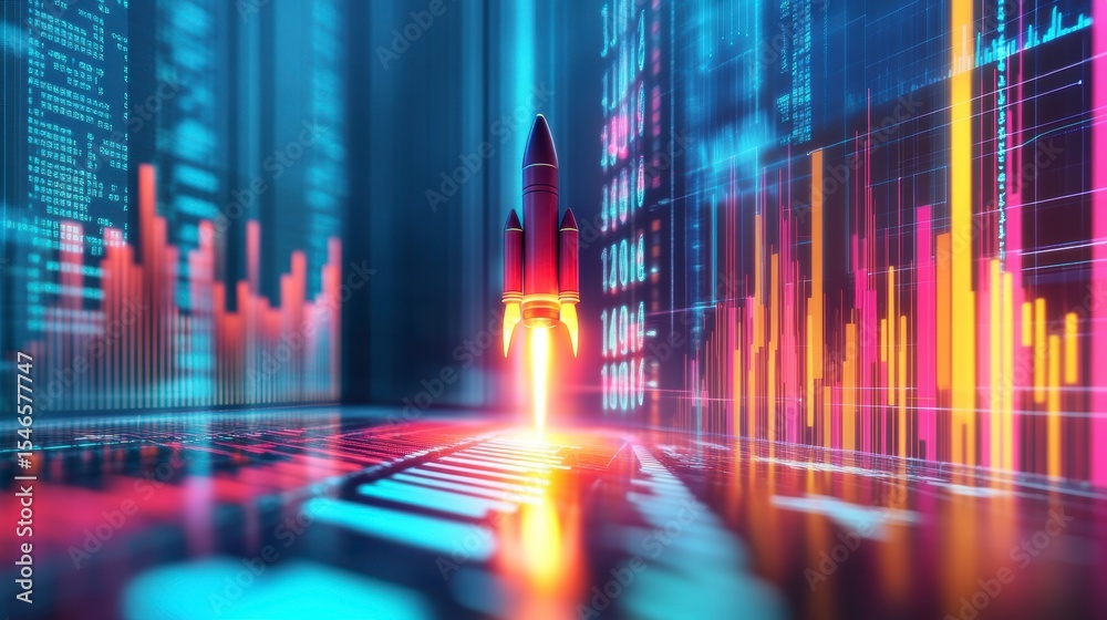 Poster rocket launching amidst vibrant financial data visualizations, symbolizing growth and innovation in 