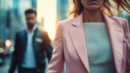 A stylish woman in a pink blazer walks purposefully on an urban street, reflecting confidence and modern fashion amidst a bustling city backdrop at sunset.