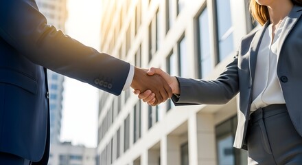 Successful Business Partnership Handshake in Front of Modern Office Building