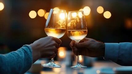Two hands toasting with wine glasses during a picturesque sunset, symbolizing celebration, connection, and shared moments with warmth and light at dusk.