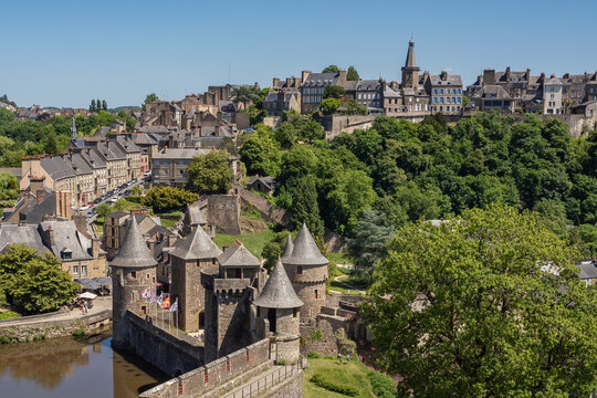 Foug&egrave;res Castle and historic town center seen from above, Brittany, France
