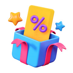 3d gift box with yellow discount voucher icon isolated on transparent background. 3d rendering Cartoon plastic style. PNG file, cut out