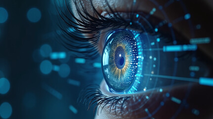 retina scan with digital firewall interface, personal data protection, holographic UI, sci-fi cybersecurity