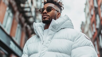 A fashionable man wearing a white puffer jacket walks confidently down a city street, embodying modern urban style and casual sophistication in his look.