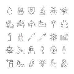 Comprehensive Mosquito-Borne Diseases Icon Set. Featuring Symptoms, Protection, Vaccination, Treatment, Malaria, Dengue, Zika, Insect Repellents, Mosquito Nets, Fever, and Medical Care