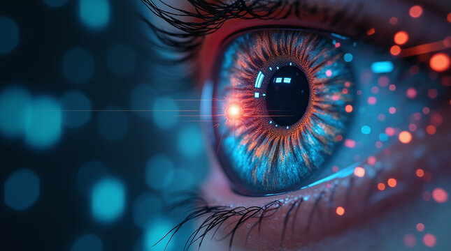 retina scan with digital firewall interface, personal data protection, holographic UI, sci-fi cybersecurity