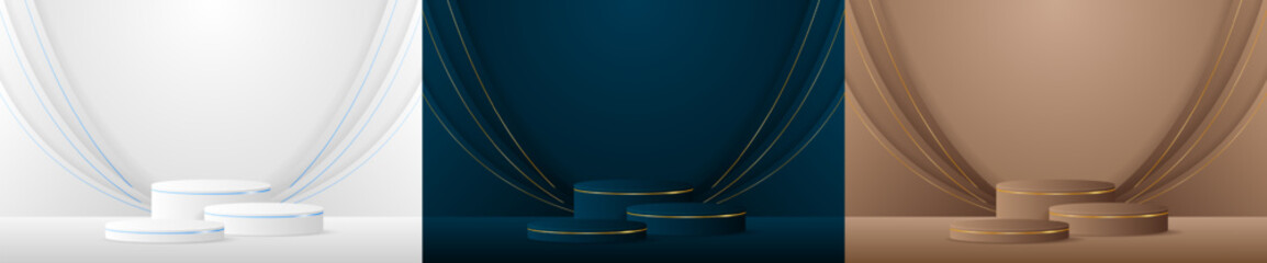 Set of white, blue, brown podiums for displaying advertisements. Display of cosmetic products. Stage or podium. vector illustration	