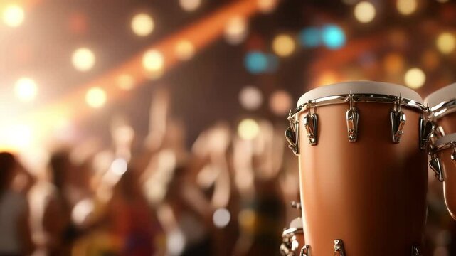 Congas at a lively concert. The warm lighting and blurred crowd create a vibrant atmosphere.