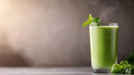 A refreshing green smoothie sits elegantly in a glass, garnished with fresh herbs, emphasizing health, nutrition, and the luscious aesthetics of healthy living.
