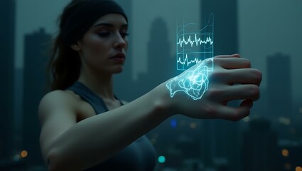 A focused young woman examines a holographic health display projected from her wrist in an urban setting.
