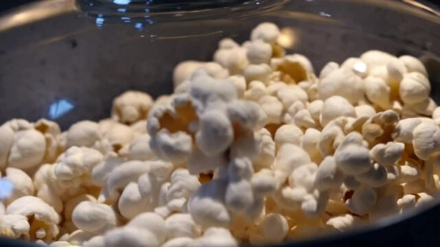Homemade popcorn popping wildly from a frypan. Crunchy pop corn snack in cooked a pan. delicious and tasty corns kernels almost popped with salt. Close up