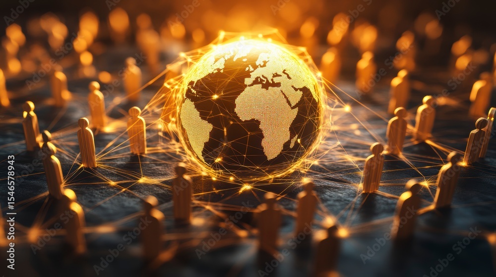 Leinwandbilder global network connection concept. glowing earth surrounded by interconnected figures.