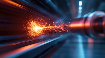 A vibrant electric spark bursts from a high-tech device, illuminating a sleek, modern corridor, embodying energy, technology, and innovation in a futuristic setting.