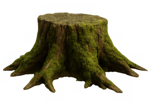 Tree stump covered in moss with large roots isolated on transparent background, perfect for photo manipulations