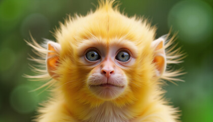 Fototapeta premium Baby monkey with bright yellow fur and curious expression outdoors 