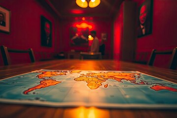 A world map laid out on a wooden table in a redlit room