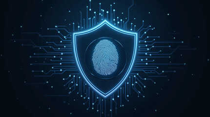 shield icon with a fingerprint in the center, biometric security system interface, glowing circuits, cyber protection, dark theme, privacy technology