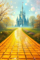 Fototapeta premium A yellow brick road leads to a castle with turrets set amid trees and flowers