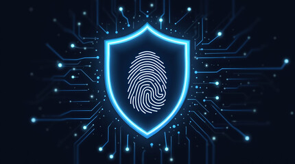 shield icon with a fingerprint in the center, biometric security system interface, glowing circuits, cyber protection, dark theme, privacy technology