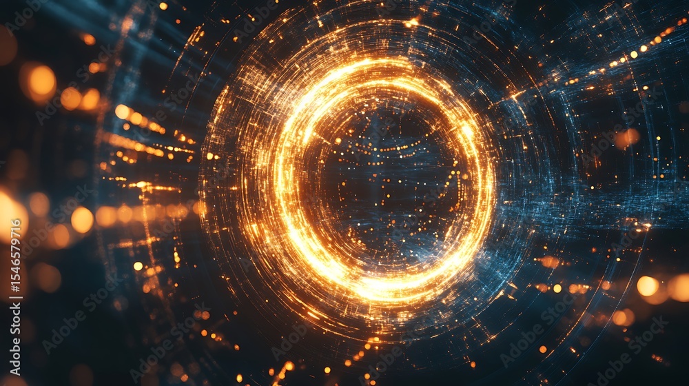 Poster abstract circular light beams in space, golden glowing particle streaks, futuristic