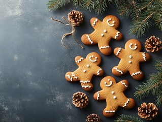 Gingerbread Men Cookies on Dark Background with Pine, Holiday Baking Christmas, Gingerbread