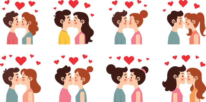 cute cartoon Kissing vector shape with hearts and sparkles around. - Powered by Adobe