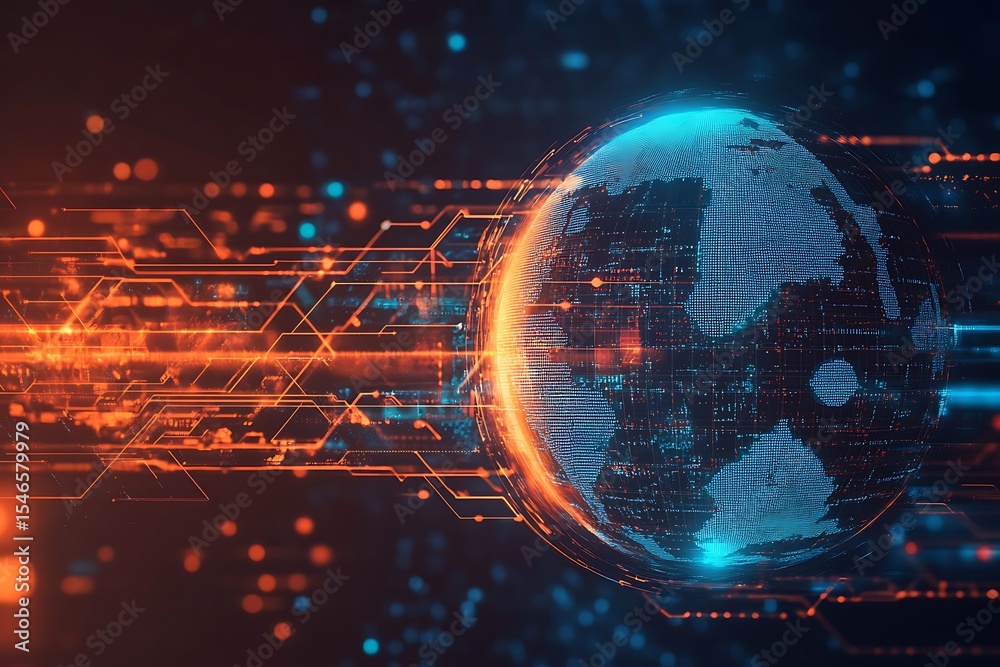 Poster Abstract Globe Gridlines with Orange Circuit Board Networks and Blue Highlights