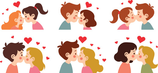 cute cartoon Kissing vector shape with hearts and sparkles around.