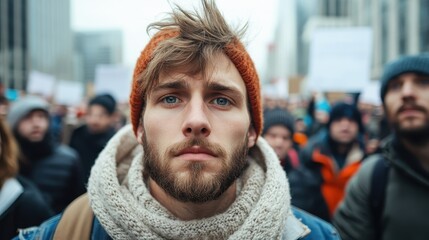 A young man stands out with a serious expression amidst a crowd of protesters. His thoughtful demeanor highlights the power of activism and social awareness in urban settings.