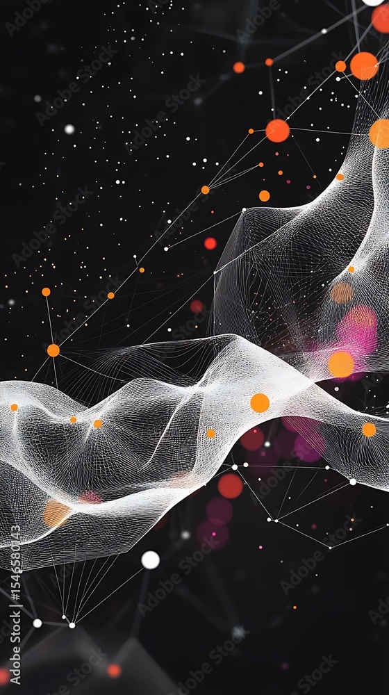 Poster abstract network on dark backdrop with white waves, orange spheres, and lines