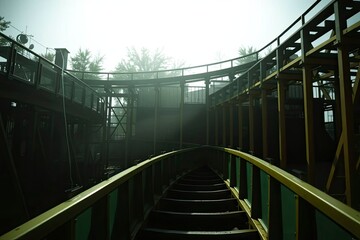 Fototapeta premium An outdoor elevated track possibly a roller coaster or walkway curving through a misty natural setting with structural supports
