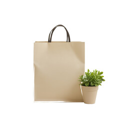 Beige Paper Bag Mockup with Small Plant in Pot isolated on white background, png