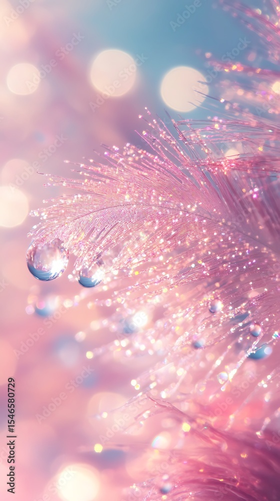 Poster blurred pink feather with sparkling bokeh and water droplets in macro detail