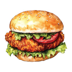 Watercolor illustration of delicious chicken burger with fresh vegetables on transparent background