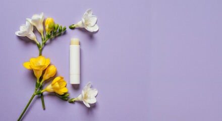 Fototapeta premium Lip balm tube with yellow and white flowers on purple background 