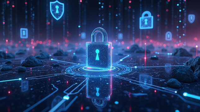 surreal digital landscape with floating padlock, shields and data streams, abstract cybersecurity, vaporwave lighting, high contrast