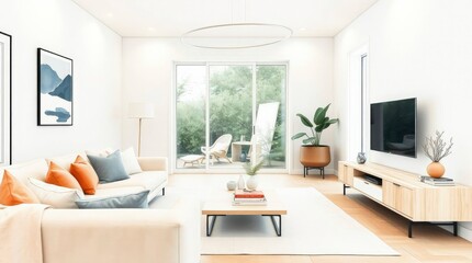 Bright living room with a white sofa wooden furniture and modern decor creating a minimalist and airy aesthetic
