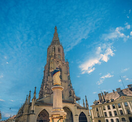Front view of the Bern Cathedral (Berner Münster) in the old city of Bern, Switzerland.