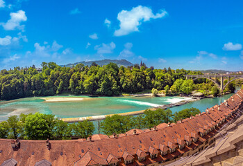 Panoramic view of the  Mattenschwelle, a weir providing water for the Matte hydroelectric power plant to the south of the old city of Bern, Switzerland