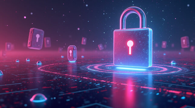 surreal digital landscape with floating padlock, shields and data streams, abstract cybersecurity, vaporwave lighting, high contrast