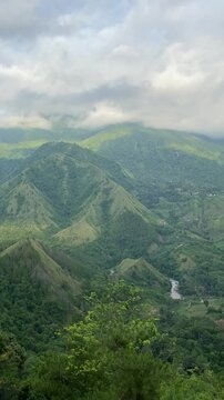 Sunrise in nature, mountain trees and forest aerial view and beautiful nature scenery. Natural landscape backgrounds of wild environment for travel. Clouds over the forest. Enrekang hill. 