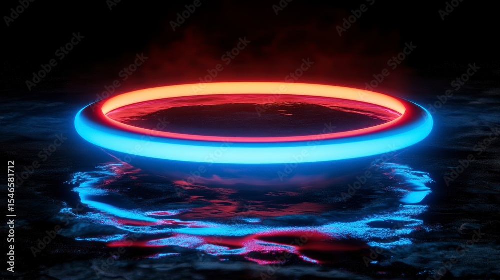 Poster glowing neon ring hovering above dark surface, creating vibrant light reflections.