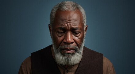 A grieving elderly Black man with tears streaming down his face expresses profound sadness and sorrow in a poignant portrait.
