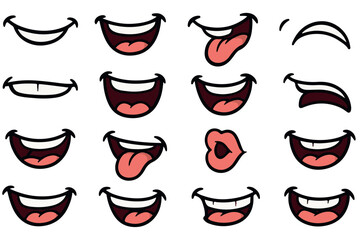 cartoon mouth illustrations with diverse expressions such as laughter, surprise, and sadness, ideal for animation or character driven design work