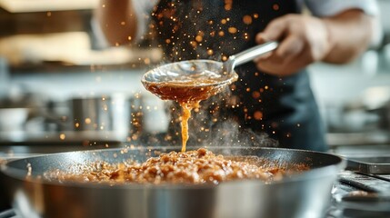 A chef with a focused demeanor pours simmering sauce from a ladle into a pan, showcasing culinary skill amidst the lively environment of a busy kitchen.